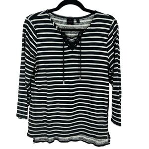 Rafaella Nautical Casual Cotton Long Sleeve Drawstring Neckline Top Medi…